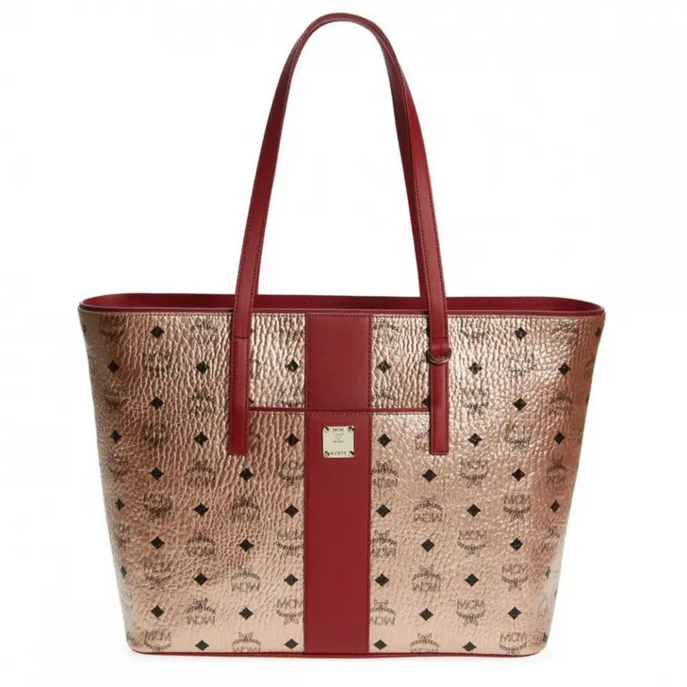 MCM Anya Champagne Gold Monogram Visetos Canvas Medium Tote Bag