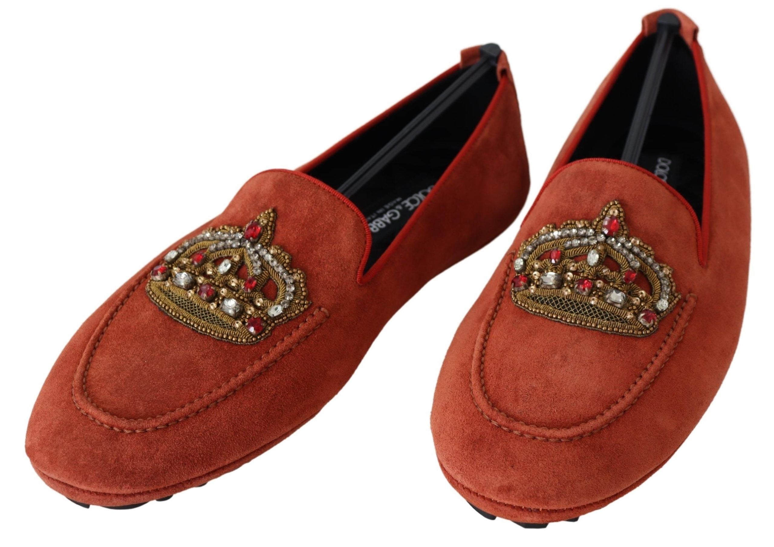 Dolce  Gabbana Orange Leather Crystal Crown  Loafers Mens Shoes