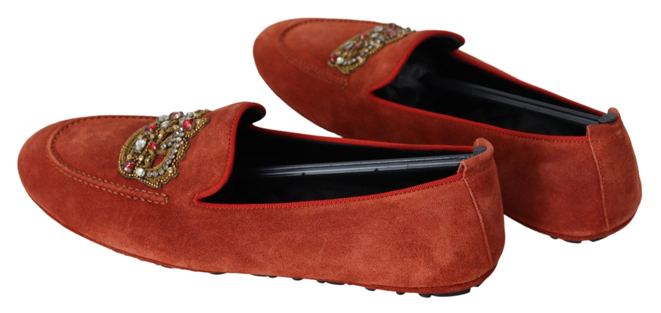 Dolce Gabbana Orange Leather Crystal Crown Loafers Mens Shoes