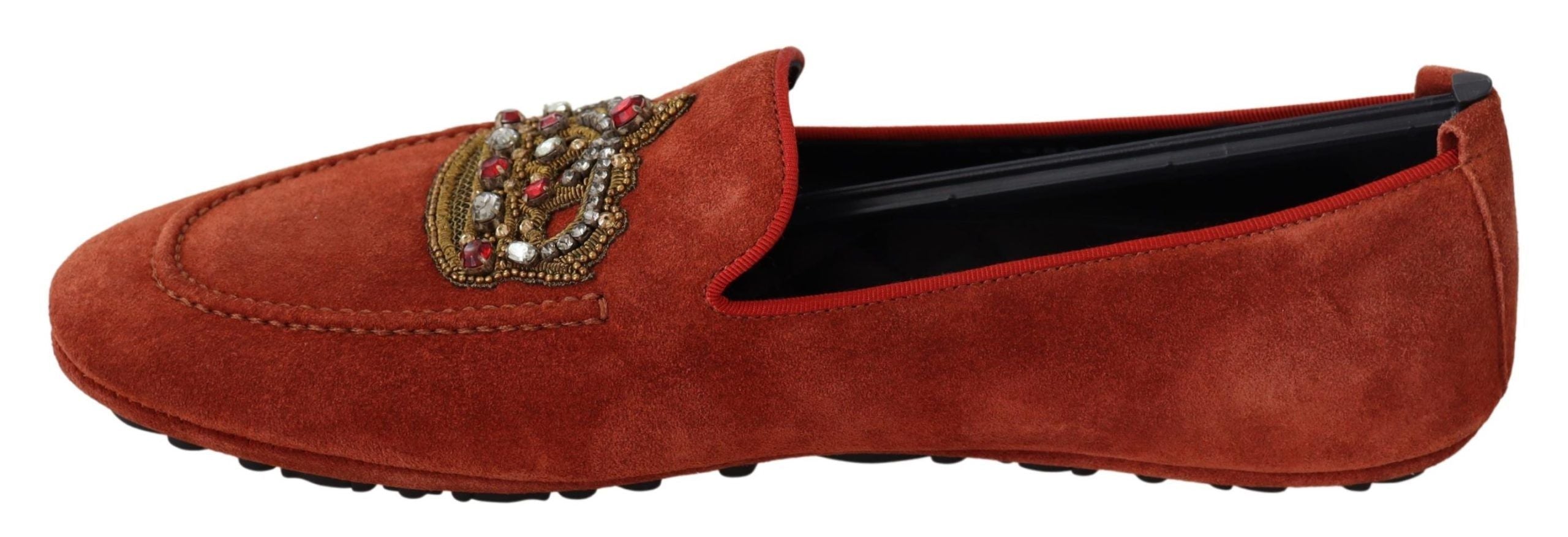 Dolce Gabbana Orange Leather Crystal Crown Loafers Mens Shoes