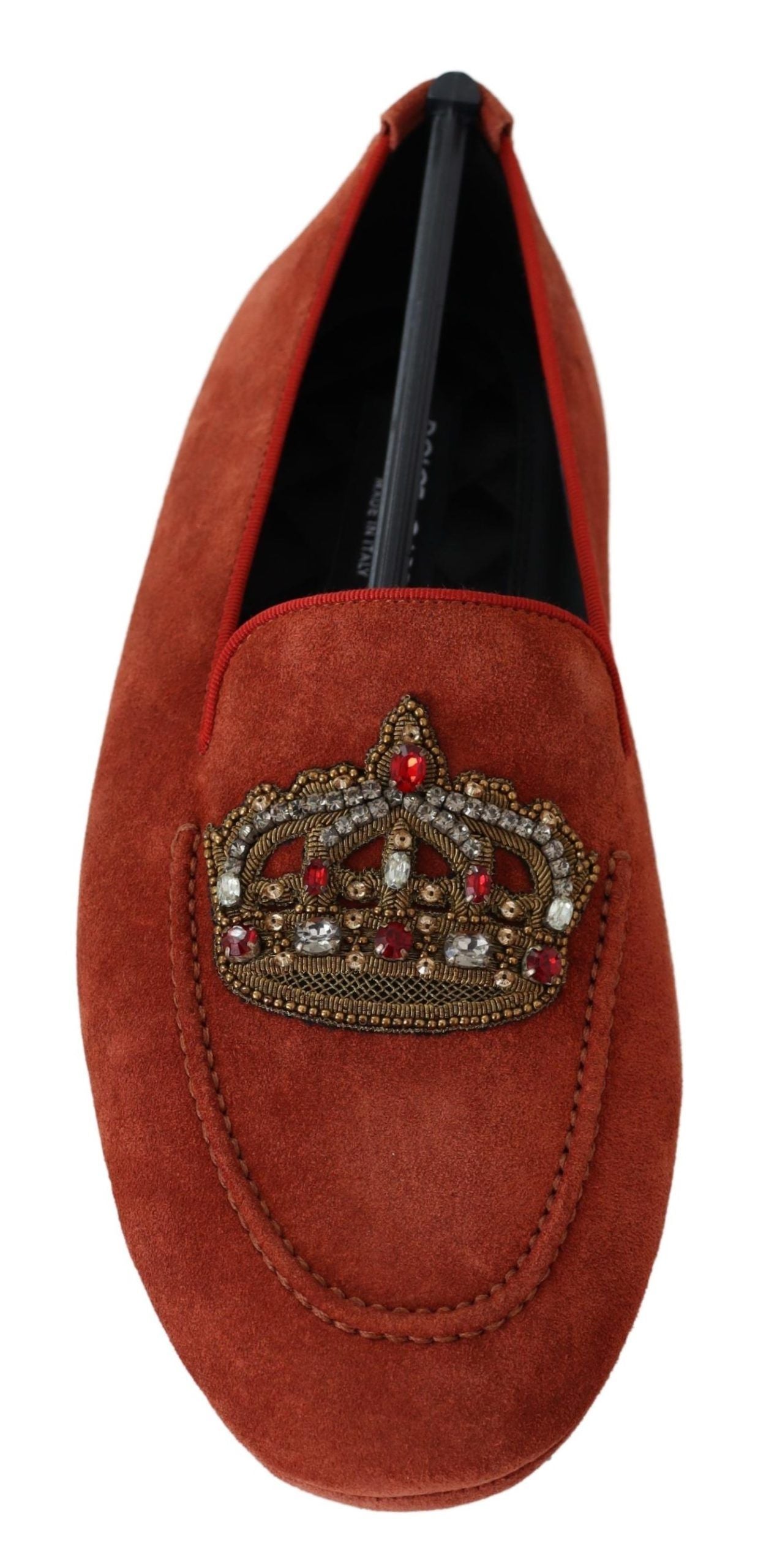 Dolce  Gabbana Orange Leather Crystal Crown  Loafers Mens Shoes