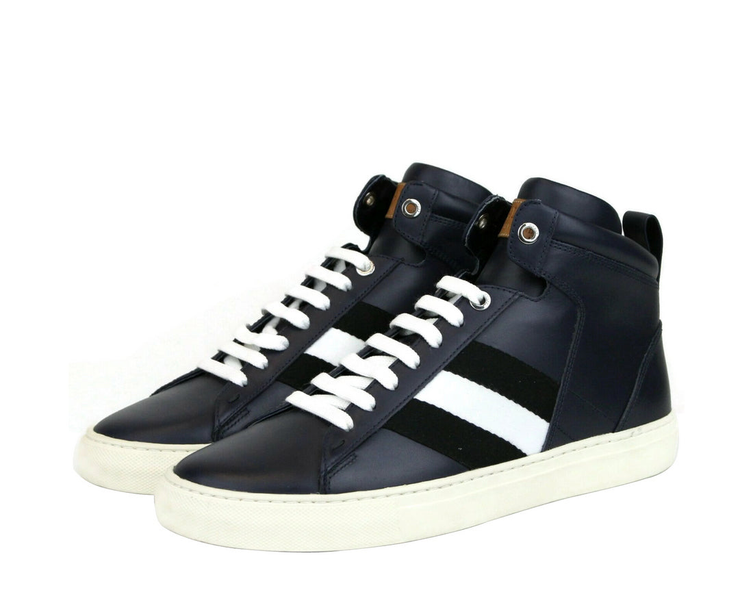 Bally Mens Dark Blue Calf Leather Hi-top Sneaker With Black White Hedern-129 (Size: 8 D)