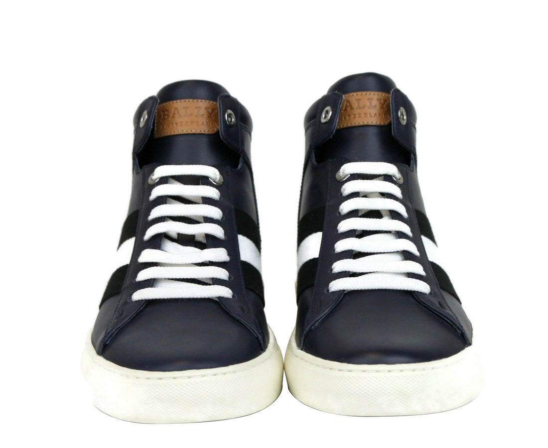 Bally Mens Dark Blue Calf Leather Hi-top Sneaker With Black White Hedern-129 (Size: 8 D)