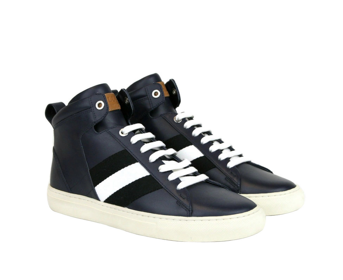 Bally Mens Dark Blue Calf Leather Hi-top Sneaker With Black White Hedern-129 (Size: 8 D)