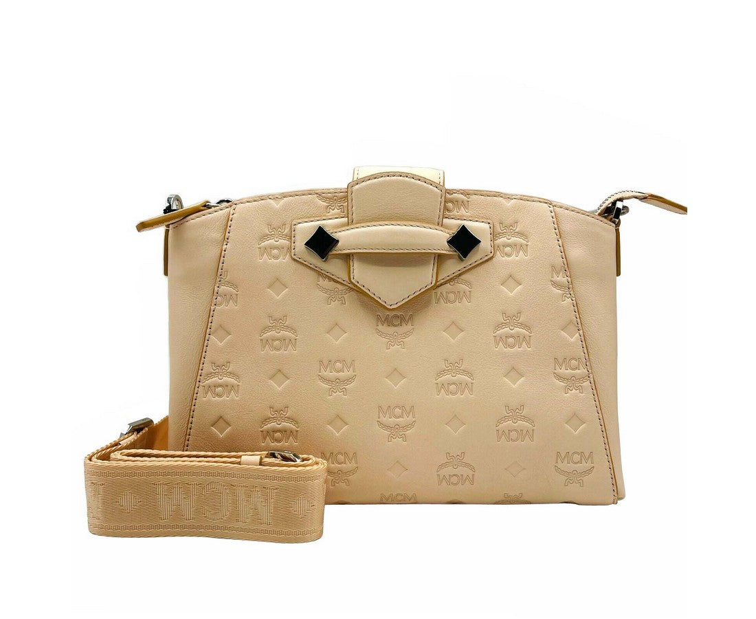 MCM Womens Beige Monogram Leather Essential Tote Crossbody Bag Beige/Peach