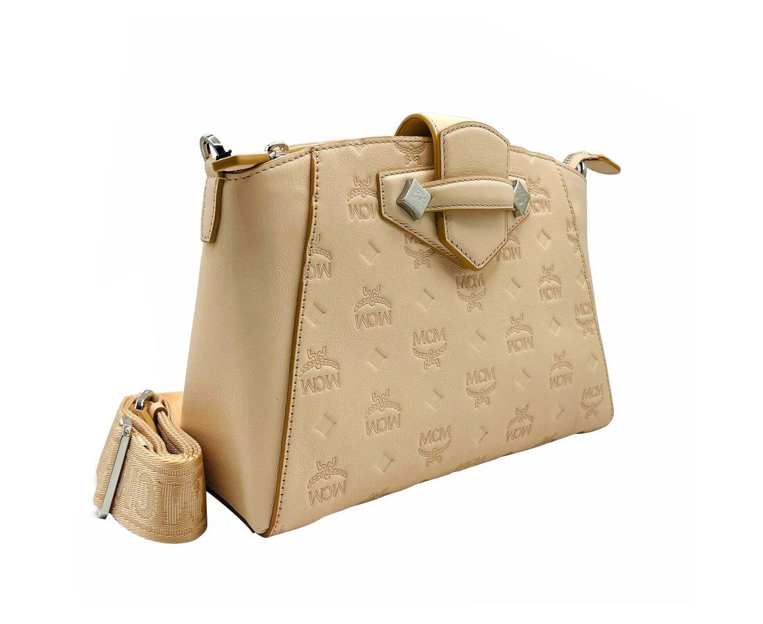 MCM Womens Beige Monogram Leather Essential Tote Crossbody Bag Beige/Peach
