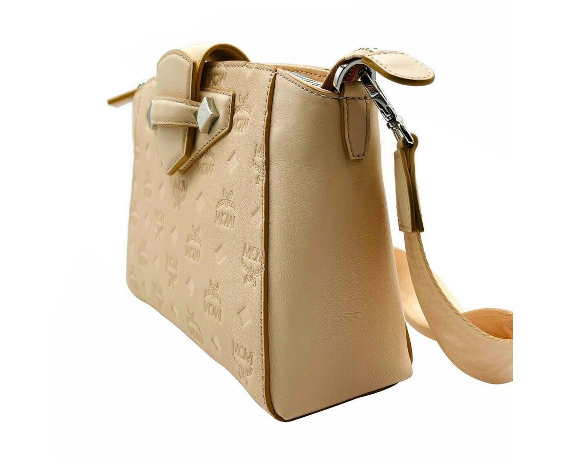 MCM Womens Beige Monogram Leather Essential Tote Crossbody Bag Beige/Peach