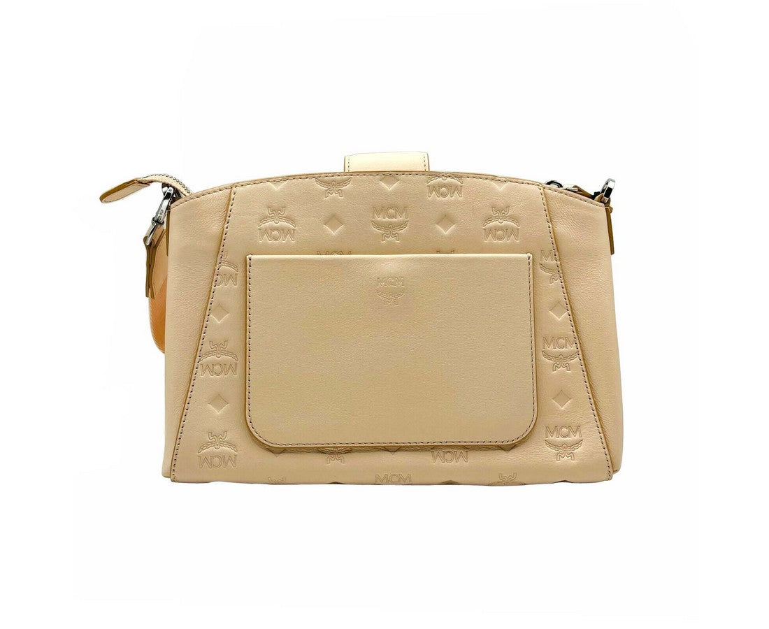 MCM Womens Beige Monogram Leather Essential Tote Crossbody Bag Beige/Peach