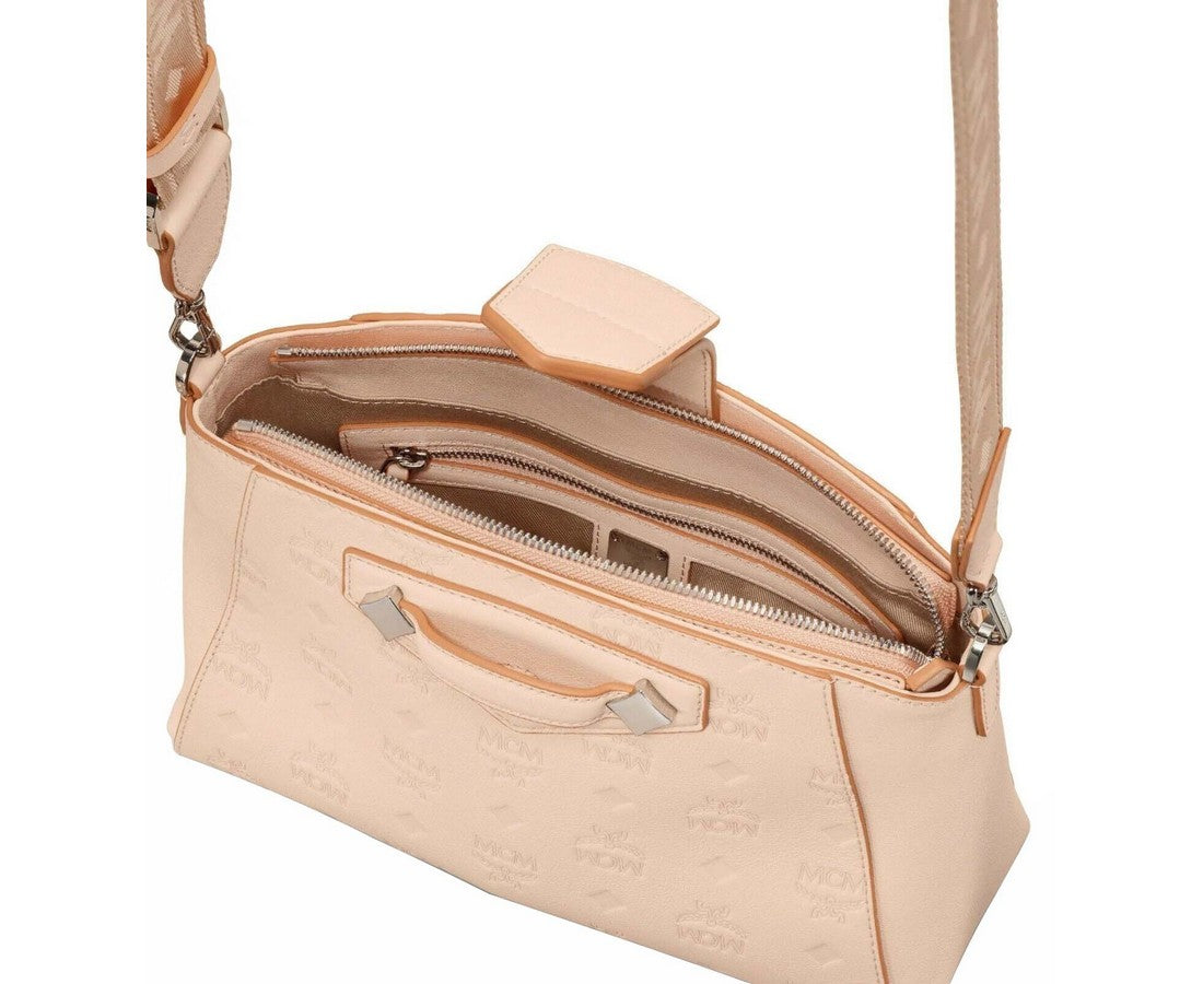MCM Womens Beige Monogram Leather Essential Tote Crossbody Bag Beige/Peach