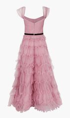 N59G3085-OFF SHOULDER TULLE GOWN WITH FISH WIRE TIERS