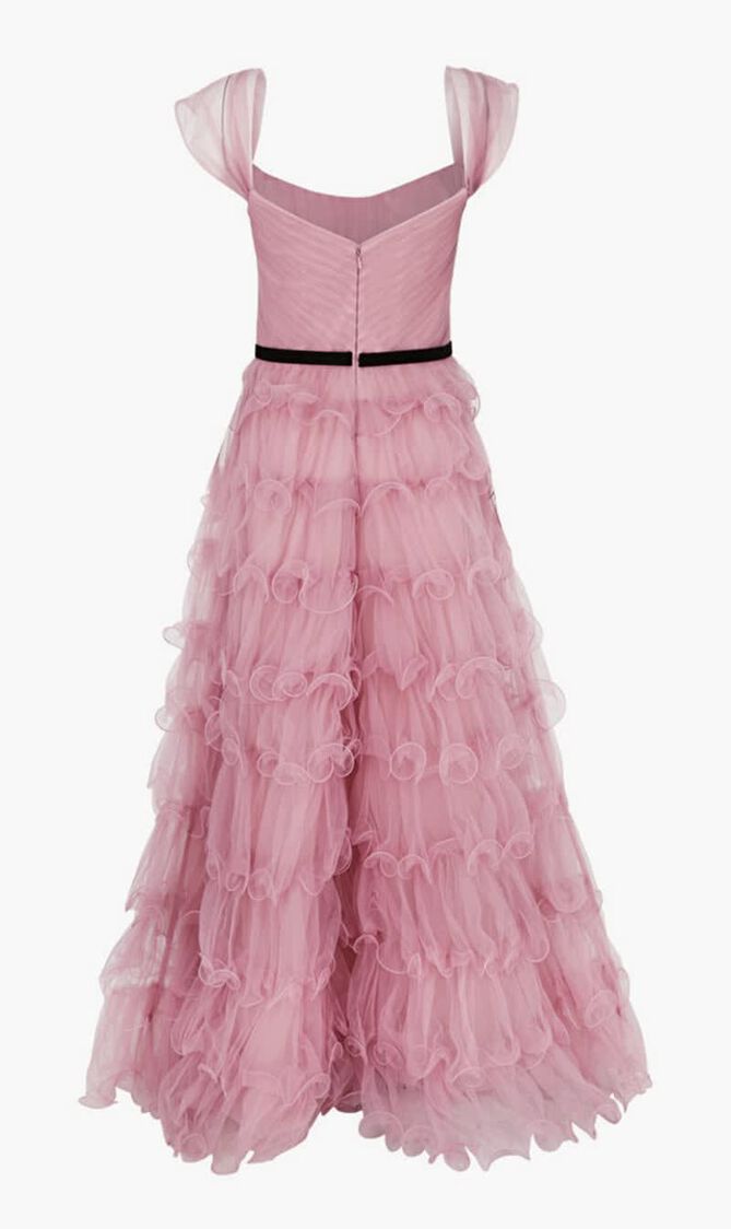 N59G3085-OFF SHOULDER TULLE GOWN WITH FISH WIRE TIERS