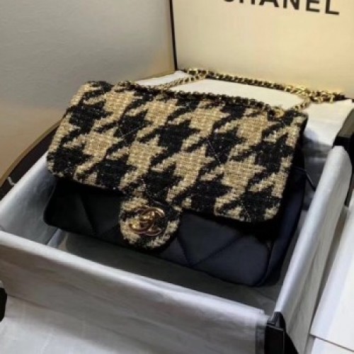 Chanel Quilted Calfskin and Houndstooth Tweed Medium Flap Bag AS1154 Black/Gold 2019 Collection AQ03592