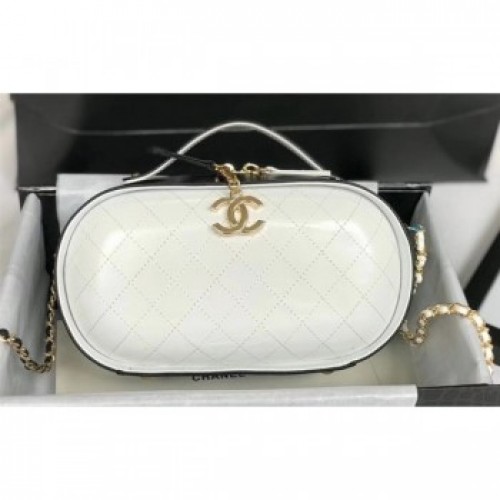 Chanel Calfskin Quilted Color Patchwork Oval Tote Bag White/Black 2019 AQ03570