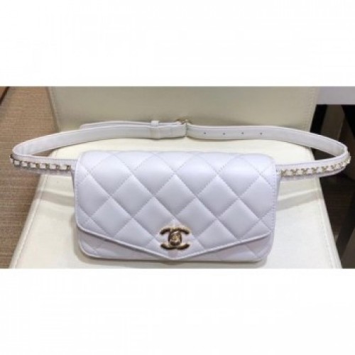 Chanel Calfskin Chain Belt Quilted Fanny Pack Waist Flap Bag AS0628 White 2019 AQ02967