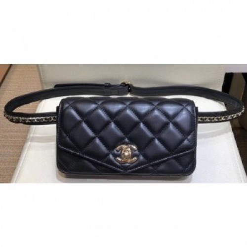 Chanel Calfskin Chain Belt Quilted Fanny Pack Waist Flap Bag AS0628 Black 2019 AQ02824