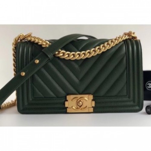 Chanel Caviar Leather Chevron Boy Flap Medium Bag Green/Gold AQ02928 Chanel Caviar Leather Chevron Boy Flap Medium Bag Green/Gold AQ02928