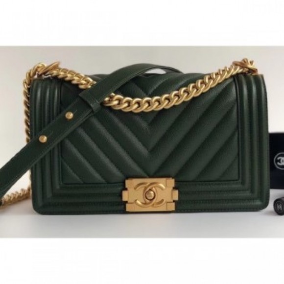 Chanel Caviar Leather Chevron Boy Flap Medium Bag Green/Gold AQ02928 Chanel Caviar Leather Chevron Boy Flap Medium Bag Green/Gold AQ02928