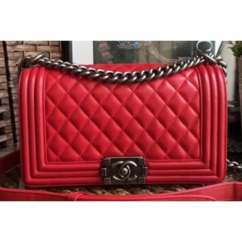 Chanel Lambskin Boy Flap Medium Bag Red/Silver AQ00754