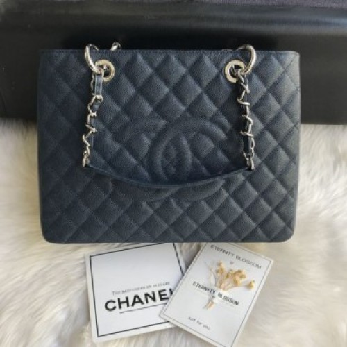 Chanel Grained Calfskin Grand Shopping Tote GST Bag Navy Blue/Silver Collection AQ01043 Chanel Grained Calfskin Grand Shopping Tote GST Bag Navy Blue/Silver Collection AQ01043