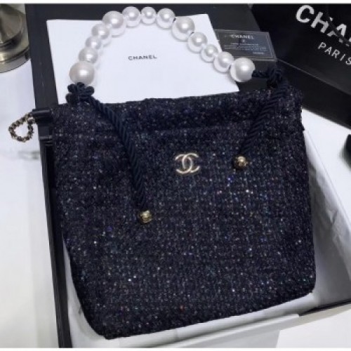 Chanel Tweed with Pearls Hobo Shopping Tote Bag Navy Blue 2019 AQ01095