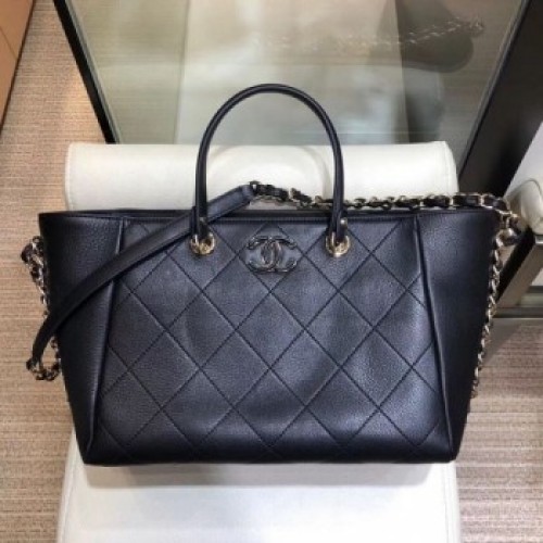 Chanel Quilted CC Logo Shopping Tote Bag Black 2019 Collection AQ03099