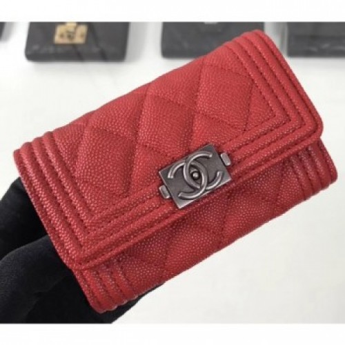 Chanel Grained Calfskin Boy Flap Card Holder A80603 Red/Silver AQ03319