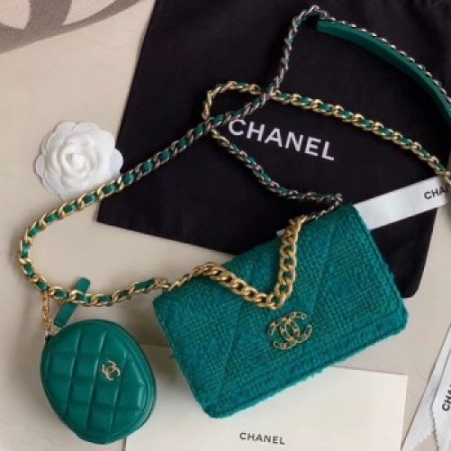 Chanel 19 Tweed Wallet on Chain WOC and Coin Purse AP0985 Green 2019 Collection AQ01749 Chanel 19 Tweed Wallet on Chain WOC and Coin Purse AP0985 Green 2019 Collection AQ01749