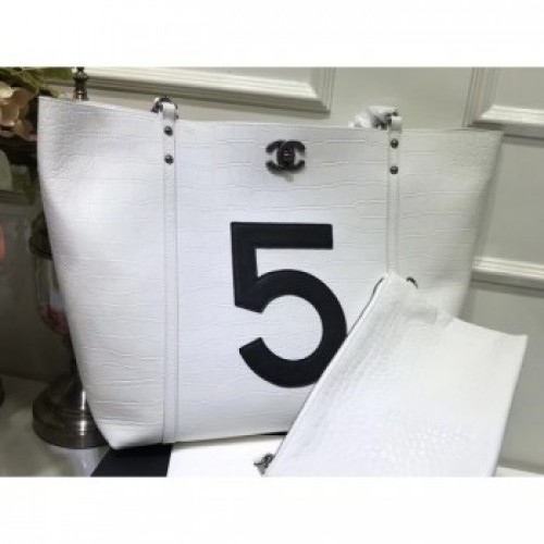 Chanel Number 5 Croco Pattern Shopping Tote Bag White 2019 AQ02648