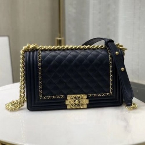 Chanel Quilted Calfskin Chain Medium Boy Flap Bag A67086 Navy Blue 2019 Collection AQ02853