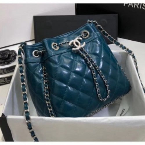 Chanel Aged Calfskin Drawstring Bag With Chain Edge AS1803 Blue 2020 Collection AQ03520 Chanel Aged Calfskin Drawstring Bag With Chain Edge AS1803 Blue 2020 Collection AQ03520