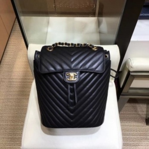 Chanel chevron calfskin medium Backpack Bag black with gold hardware AQ00502