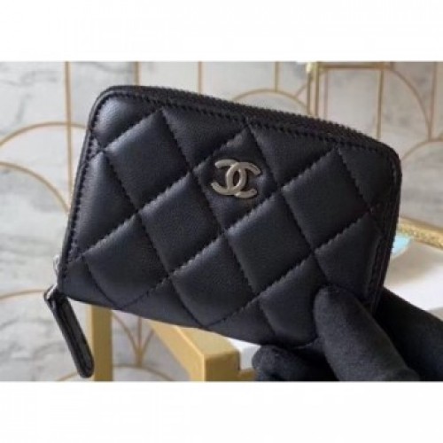 Chanel Classic Small Zipped Coin Purse 69272 Lambskin Black/Silver AQ02945