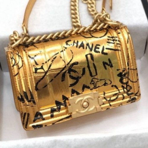 Chanel Crocodile Embossed Graffiti Leather Small Boy Flap Bag A67085 Gold 2019 Collection AQ04046