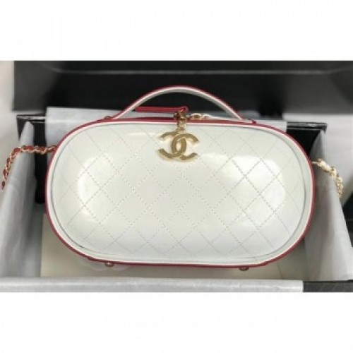 Chanel Calfskin Quilted Color Patchwork Oval Tote Bag White/Red 2019 AQ02741