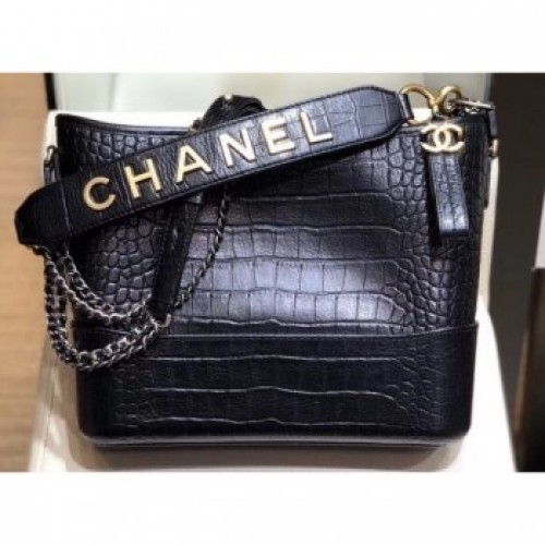 Chanel Crocodile Embossed Calfskin Gabrielle Medium Hobo Bag AS0866 Black 2019 AQ00738