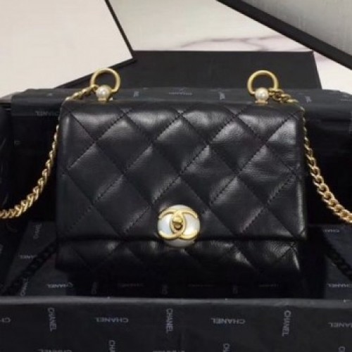 Chanel Quilted Leather Pearl Trim Small Flap Bag AS1170 Black 2019 Collection AQ03918 Chanel Quilted Leather Pearl Trim Small Flap Bag AS1170 Black 2019 Collection AQ03918
