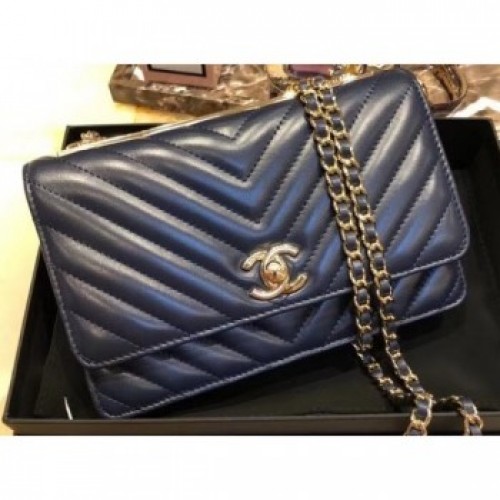 Chanel Lambskin Chevron Trendy CC Wallet On Chain WOC Bag A84456 Dark Blue 2018 AQ02873