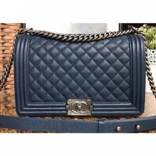 Chanel Caviar Leather Boy Flap Medium Bag Navy Blue/Silver AQ03809