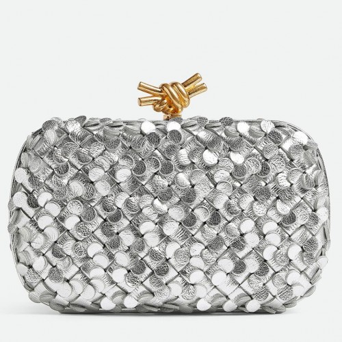 Bottega Veneta Knot Minaudiere Clutch in Silver Sequins Laminated Leather Bottega Veneta Knot Minaudiere Clutch in Silver Sequins Laminated Leather