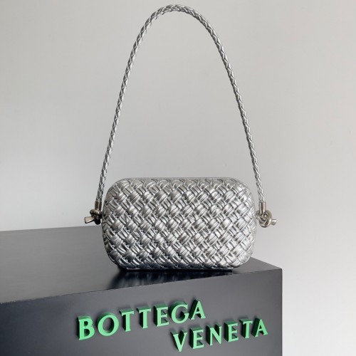 Bottega Veneta Knot Minaudiere On Strap In Silver Intreccio Laminated Leather Bottega Veneta Knot Minaudiere On Strap In Silver Intreccio Laminated Leather