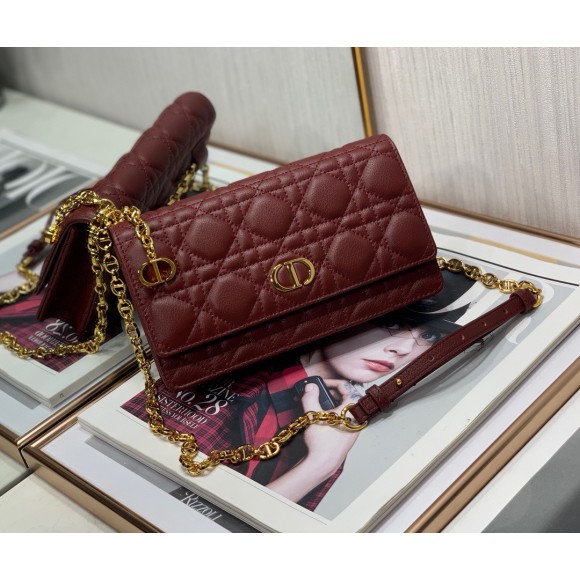 Dior Caro Belt Pouch with Chain In Bordeaux Calfskin Dior Caro Belt Pouch with Chain In Bordeaux Calfskin