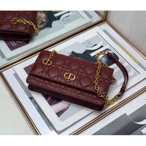 Dior Caro Belt Pouch with Chain In Bordeaux Calfskin Dior Caro Belt Pouch with Chain In Bordeaux Calfskin