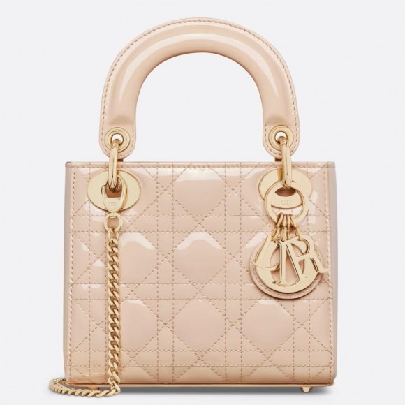 Dior Lady Dior Mini Chain Bag with Chain in Aesthetic Beige Patent Calfskin Dior Lady Dior Mini Chain Bag with Chain in Aesthetic Beige Patent Calfskin