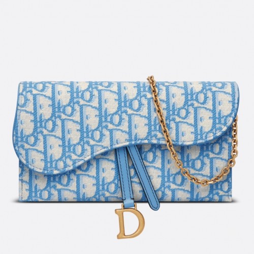 Dior Saddle Chain Wallet In Light Blue Oblique Jacquard Dior Saddle Chain Wallet In Light Blue Oblique Jacquard