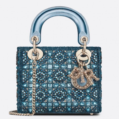 Dior Lady Dior Mini Chain Bag in Satin with Blue Bead Embroidery Dior Lady Dior Mini Chain Bag in Satin with Blue Bead Embroidery