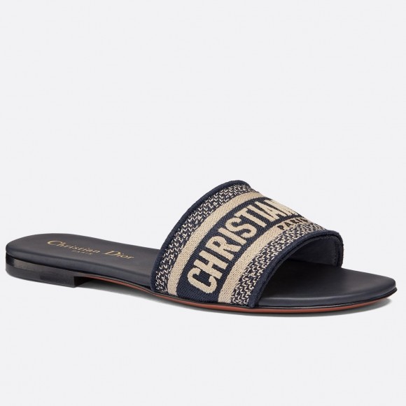Dior Dway Slides In Deep Blue Embroidered Cotton Dior Dway Slides In Deep Blue Embroidered Cotton