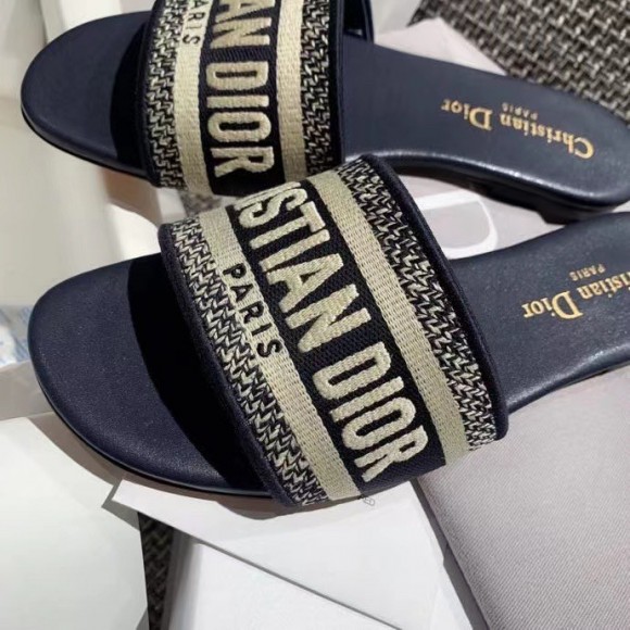 Dior Dway Slides In Deep Blue Embroidered Cotton Dior Dway Slides In Deep Blue Embroidered Cotton
