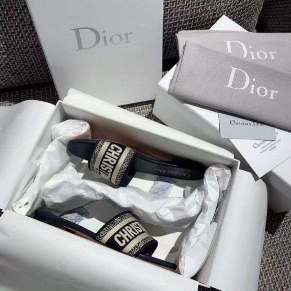 Dior Dway Slides In Deep Blue Embroidered Cotton Dior Dway Slides In Deep Blue Embroidered Cotton