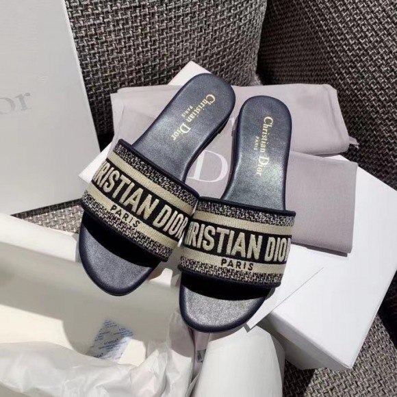 Dior Dway Slides In Deep Blue Embroidered Cotton Dior Dway Slides In Deep Blue Embroidered Cotton