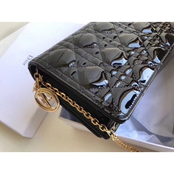 Dior Lady Dior Chain Pouch In Black Patent Cannage Calfskin Dior Lady Dior Chain Pouch In Black Patent Cannage Calfskin